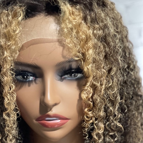 18 inch custom highlighted kinky curly wig| blonde highlight curly wig - Picture 3 of 9